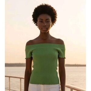Vtg Energie Juniors XL Green Off Shoulder Top Shirt Fitted Ribbed Y2K Stretch